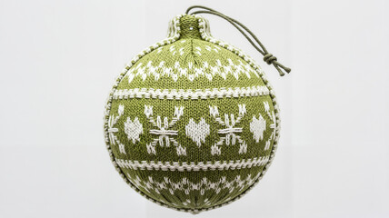 Green knitted Christmas ornament with snowflake pattern hanging  