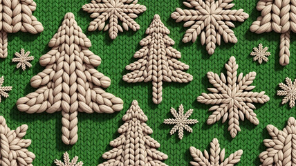 Knitted Christmas trees and snowflakes on green textured background  