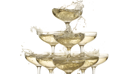 Isolated crystal glasses of champagne and transparent cocktail glassware splash with liquid reflection for a celebration drink at a white bar
