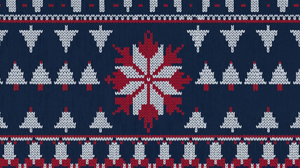 Knit pattern with snowflakes and trees in red and navy blue  