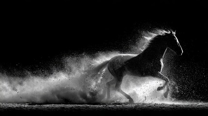 A majestic horse gallops through water, creating a stunning silhouette against a dark background, capturing power and grace.