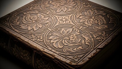 Detailed view of an antique book cover with elaborate floral embossing and aged texture, vintage historical artifact