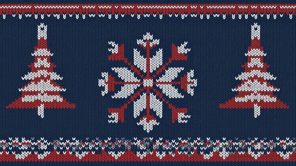 Knitted sweater pattern featuring Christmas trees and snowflakes  