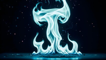 Abstract blue flame rising from a dark surface with flying sparks. Energy and creative fire concept. Glowing cyan light forming a unique fluid shape against black background