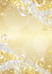 金銀のテープが飛ぶキラキラした縦向き背景イラスト