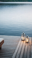 Obraz premium Evening lights by the water with wooden deck and lanterns on a calm lake shore