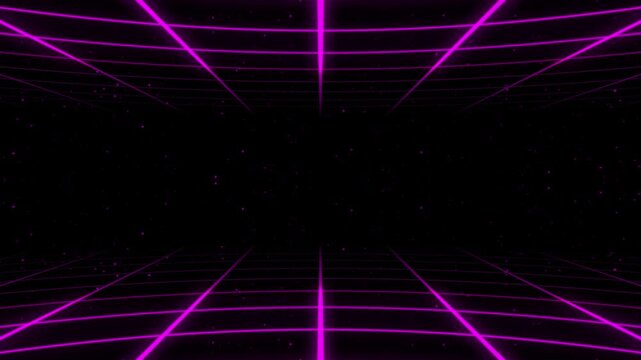 Retro 80s neon grid tunnel with glowing stars abstract futuristic digital cyberspace background