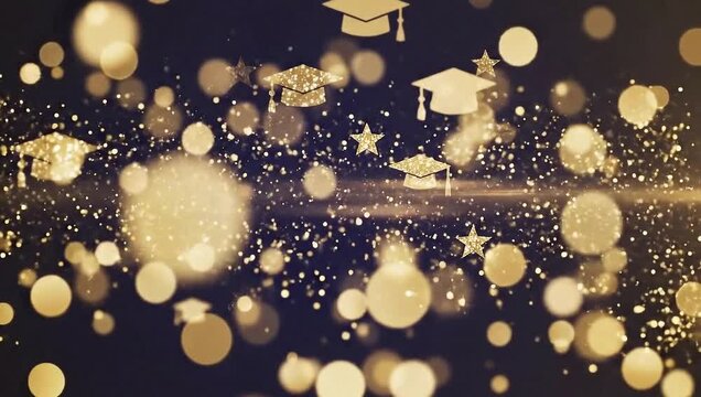 Golden Graduation Caps and Stars Floating Amidst Bokeh Lights.