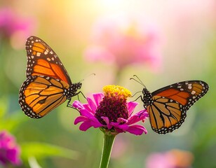 Two monarch butterflies perch on a vibrant pink zinnia flower bathed in a soft, golden, sunny light