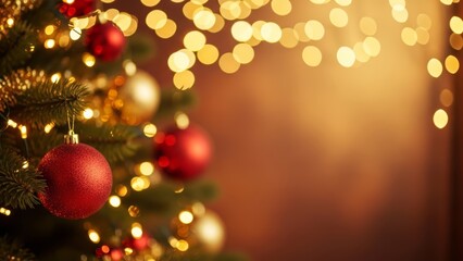 Beautifully decorated Christmas tree with red and gold ornaments and bokeh lights. Perfect for holiday greeting cards, festive banners, seasonal blog posts, and winter marketing campaigns.