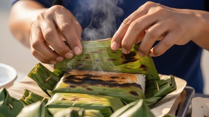 Person Wrapping Food in Banana Leaves.