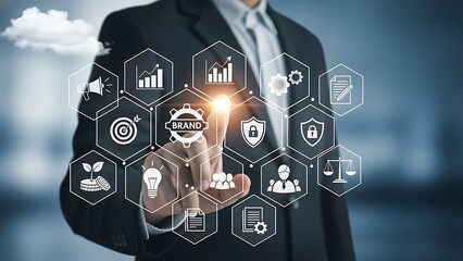 Businessman touching brand and marketing suit hexagons