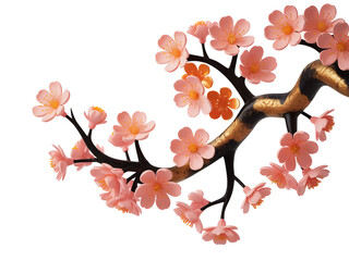 Beautiful Pink Cherry Blossom Branch with Golden Accents, Delicate Floral Arrangement Isolated on Transparent Background