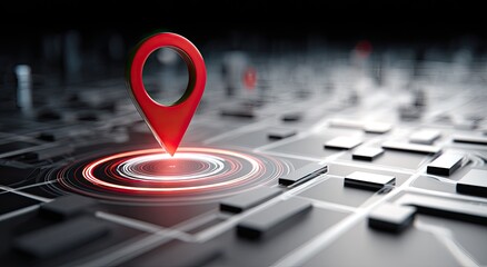 Digital map with glowing red location pin pinpointing a point on the grid