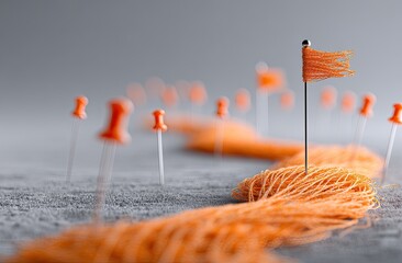 A winding path of orange fibers leads to a flag, marked by pins