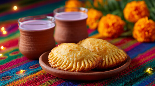 Traditional gujiya dessert served with thandai drink in clay cups on festive textile background for indian festival celebrations food culture and holidays	