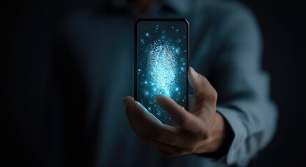 Person holding phone displaying glowing fingerprint security scan