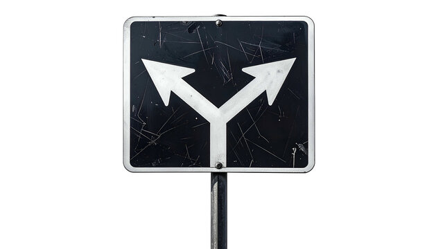 Weathered, black and white road sign indicating a fork, with arrows pointing both ways