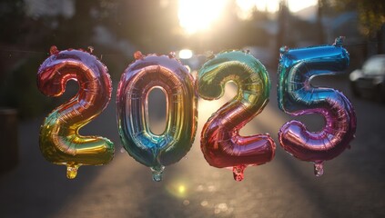 Colorful balloons spelling out 2025 float in a sunlit street, symbolizing new beginnings