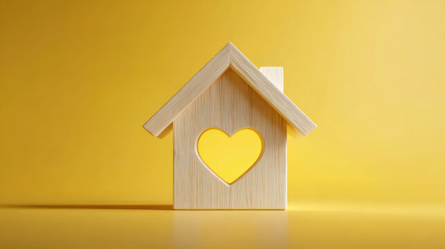 Wooden house model with heart shaped cutout on yellow background symbolizing love and warmth in home