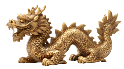 An isolated golden dragon statue representing ancient Chinese culture and oriental power stands as a traditional gold sculpture ornament and symbolic art decoration on a white background