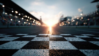 A checkered finish line on a track beneath stadium lights at sunset