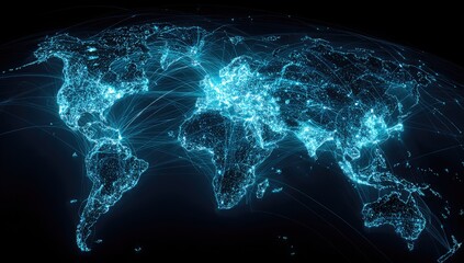 Glowing global network of lights and connections across the planet