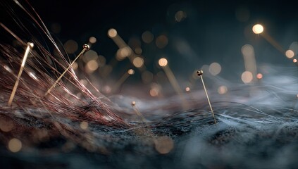 Macro view of fine, fuzzy fibers with golden, glowing tips on dark background