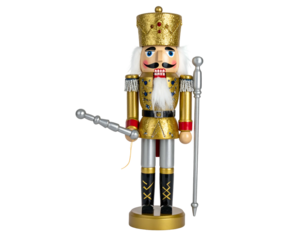 A standing, detailed wooden nutcracker soldier in gold, blue, and silver