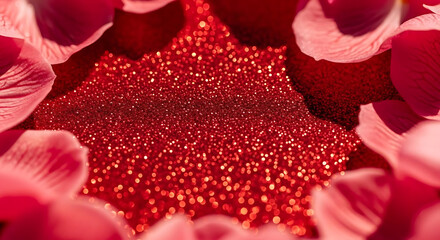 Red star shaped glitter decorative object surrounded by pink rose petals on white background, festive holiday Christmas decoration concept