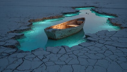 A lonely weathered boat rests in a glowing turquoise pool within cracked, arid land