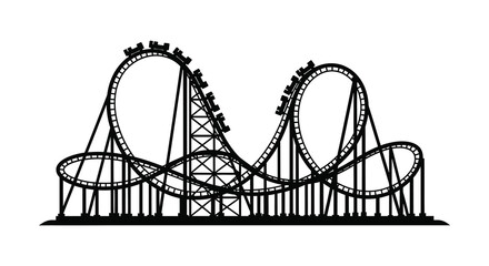 A striking black and white illustration of a complex wooden roller coaster design silhouette © RMvectors02
