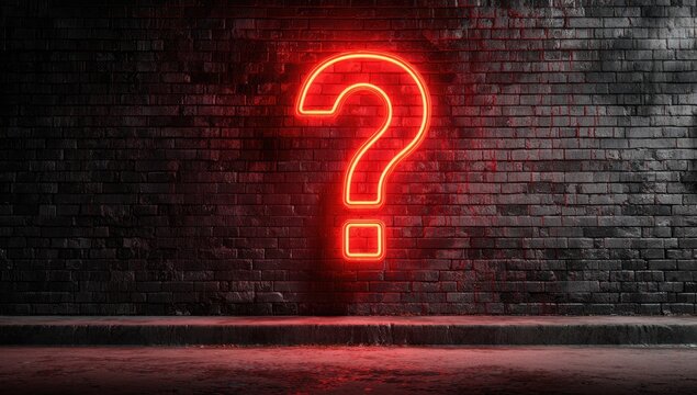 A glowing neon question mark on a dark, textured brick wall