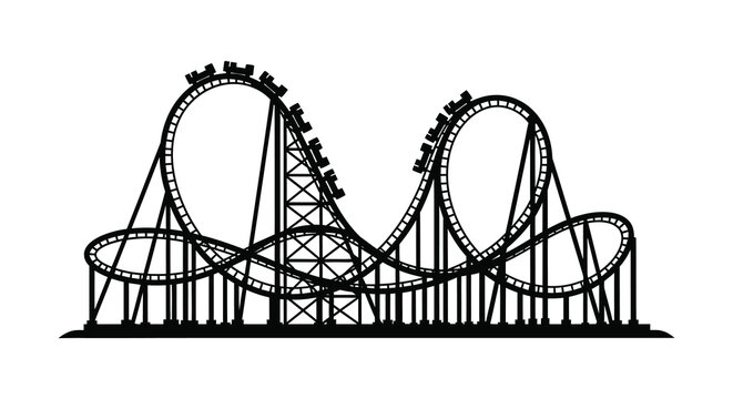 A striking black and white illustration of a complex wooden roller coaster design silhouette