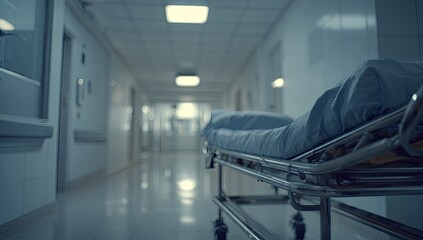 Empty, illuminated hospital corridor with a gurney in the foreground