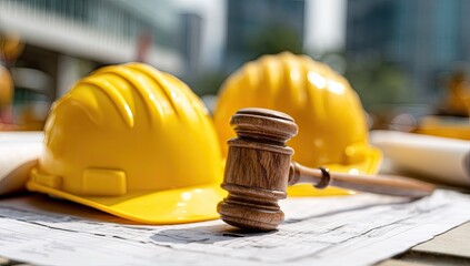 Gavel on blueprints with hard hats, signifying construction law and safety