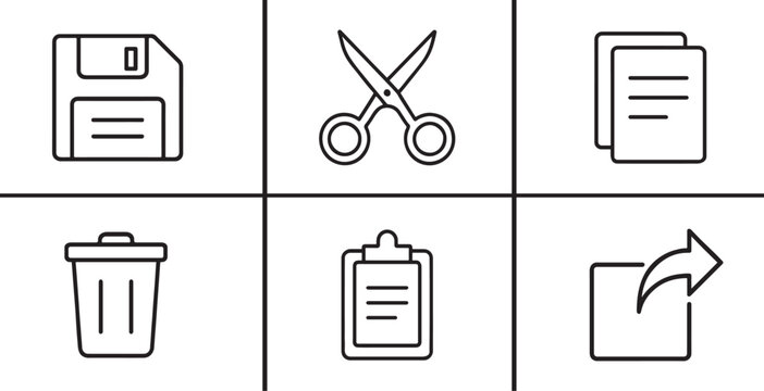 Simple file action icons for cut, copy, paste, rename, share, save, and delete in UI and apps.
