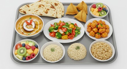 Delicious Indian Cuisine Meal Tray with Curry, Samosas, and Fruit Salad