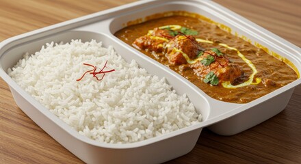 Delicious Indian Curry with Rice in Takeaway Container