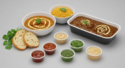 Delicious Indian Food Spread with Assorted Dips and Bread