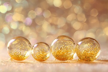 Four transparent spheres filled with gold glitter rest on a shimmering surface