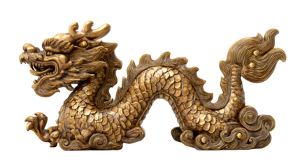 An ancient golden dragon statue stands as a traditional oriental symbol of Asian culture and art against the sky, reflecting the intricate sculpture design found in a Chinese or Thai temple
