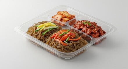 Delicious Korean Japchae and Kimchi Bento Box Meal