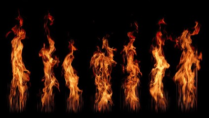 Six flames erupt from the darkness, showcasing vibrant oranges and reds against a black background