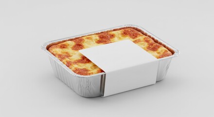 Delicious Lasagna in Aluminum Foil Container with Blank Label