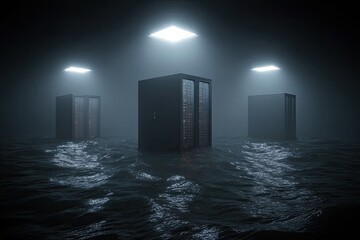 Servers submerged in dark, misty water under stark overhead lights