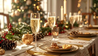 Festive holiday table setting with champagne flutes, lights, and decorated background
