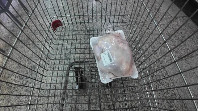 First-person view essential purchase of packaged chicken raw poultry amidst the complexity of Latin American daily life.