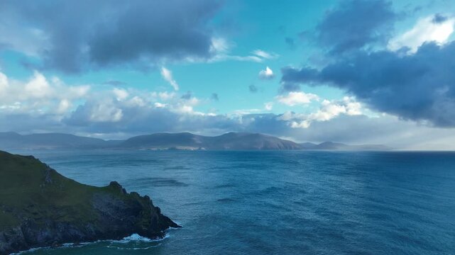 Epic Irish drone locations view of Kenmare bay from Kinnard beach Dingle late winter afternoon