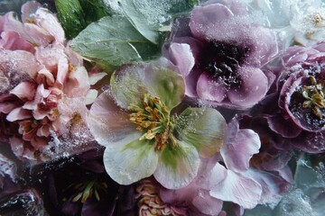 Close-up of delicate flowers encased in ice, showing frozen petals and leaves